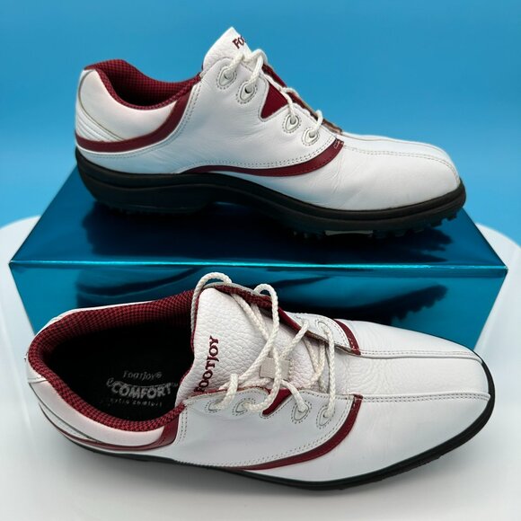FootJoy Men's eComfort Leather SoftSpikes Golf Shoes, Size 8.5,‎ White/Maroon - Picture 1 of 12